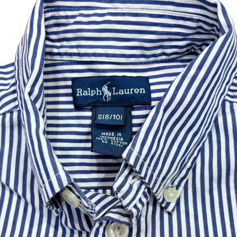 Ralph Lauren Boys Blue White Striped Button Down Shirt Classic Poplin Small 8-10